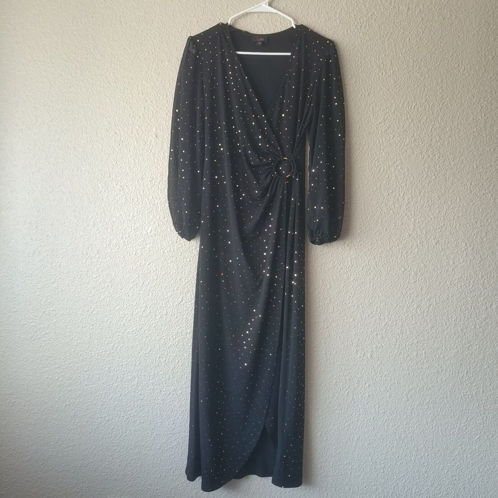 JM Studio by John Meyer Black Gold Foil Dot Wrap Maxi Dress Sz 6‎ Evening womens